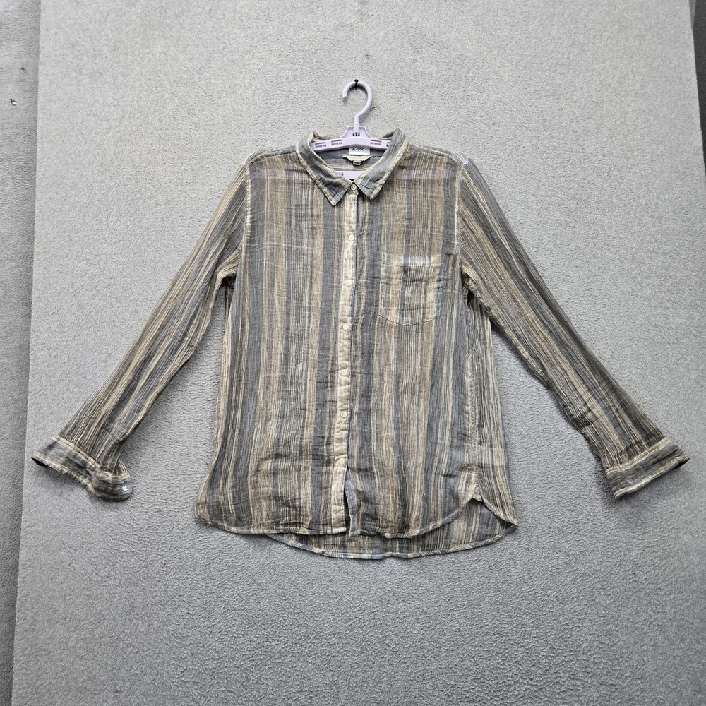 Lucky Brand Women  Button Up Shirt L/G Gray Casual Shirt Striped